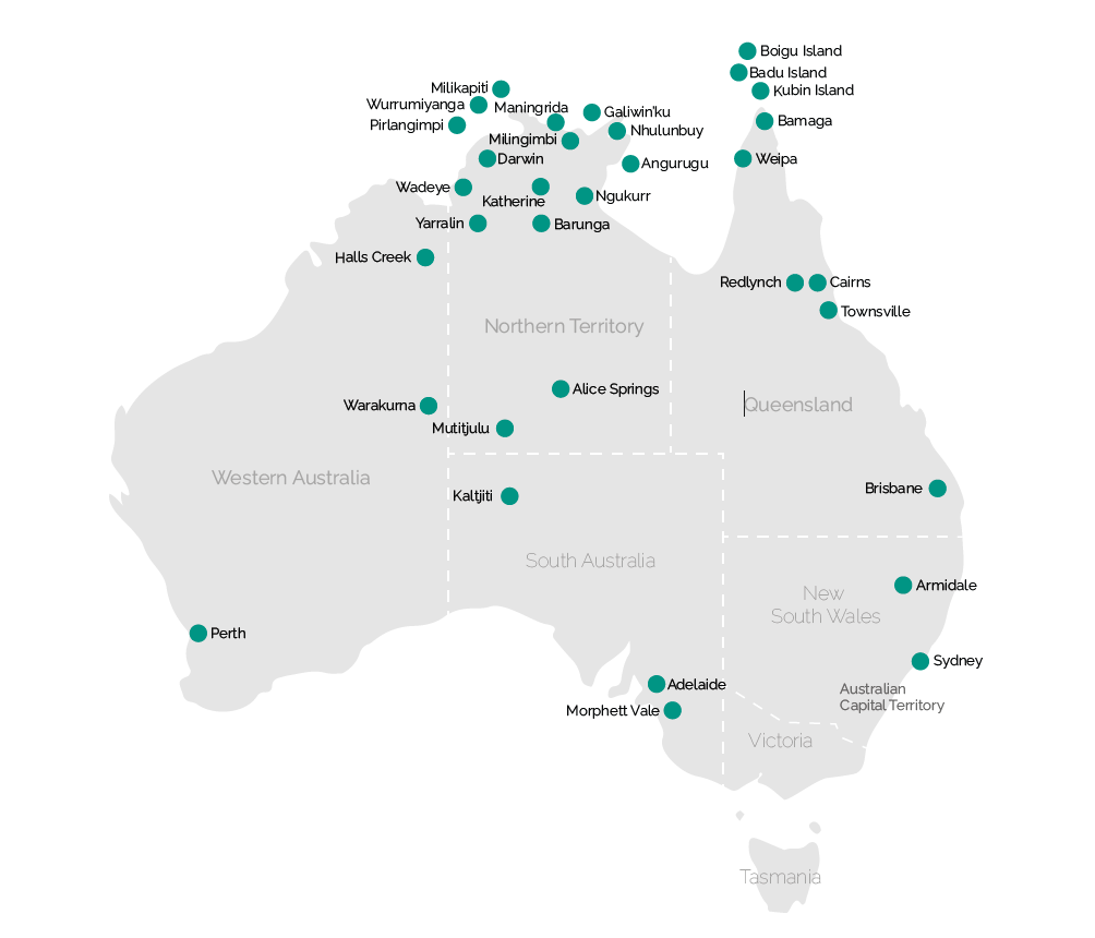 Map of Australia highlighting 32 locations